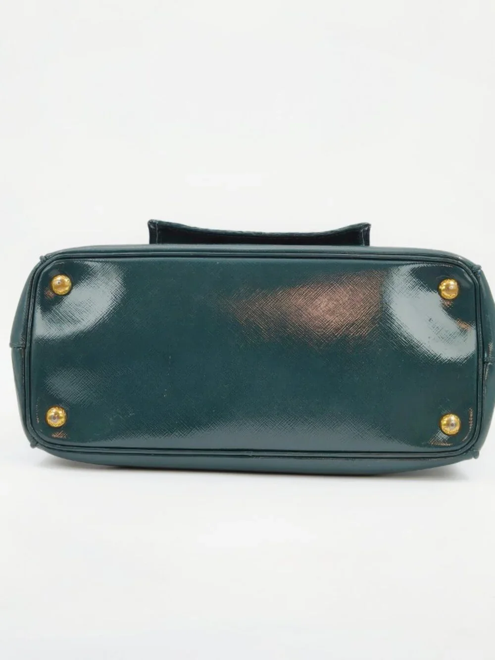 PRADA Vintage Green Saffiano Patent Leather Top Handle Handbag Gold Hardware